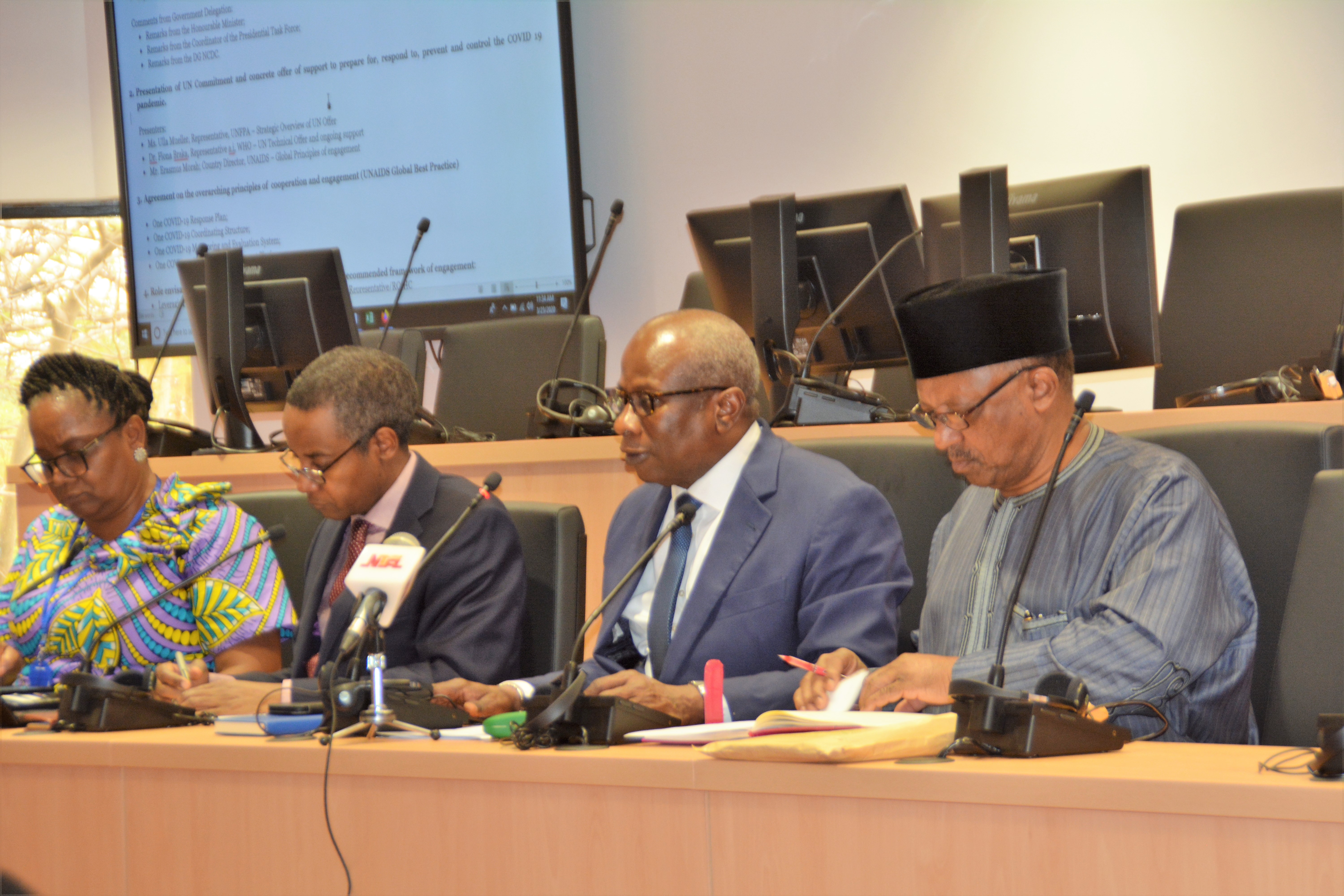 R-L: Minister of Health, Dr. Osagie Ehanire; UN Resident-Coordinator Edward Kallon; and other dignitaries at the meeting.