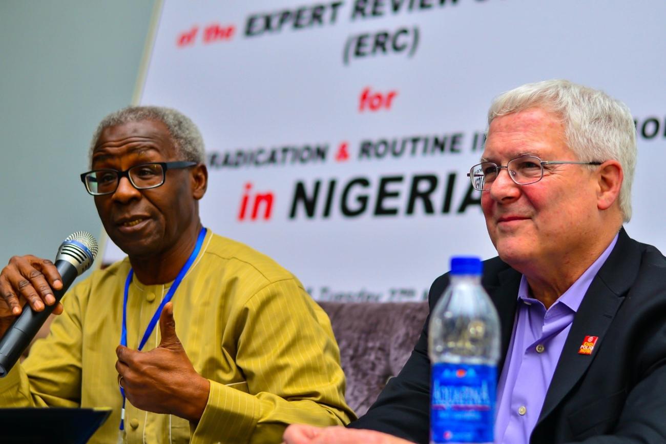 Prof Tomori (Left) chairing Expert Review Committee (ERC) review meeting with polio experts. Photo: WHO Nigeria/ Victor