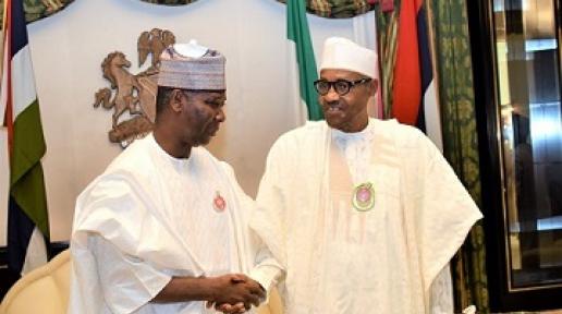 President of UN General Assembly, H.E. Tijjani Muhammad-Bande (Left) exchanges pleasantries with President Muhammadu Buhari (Right)